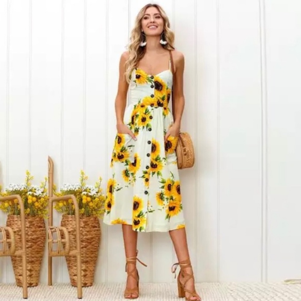 LILY DOE Sunflower Buttoned Pocket Midi Cute Dress - Picture 6 of 8